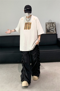 美式复古藏青色潮牌痞帅炸街t恤男夏季半袖cleanfit短袖高级感图片