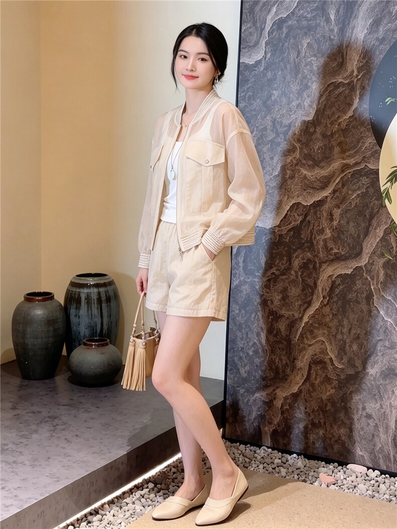 女夏新款赫本风轻熟时尚炸街套装洋气减龄长袖开衫外套短裤两件套,女装套装/套裙,江南