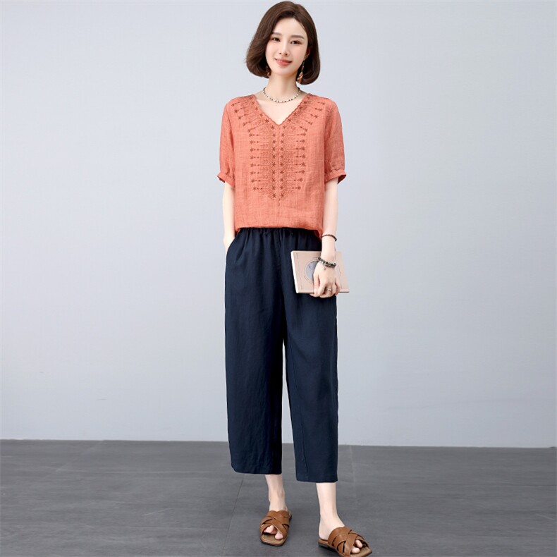 高端亚麻九分裤女夏季薄款裤子2025新款小个子妈妈直筒显瘦休闲裤,女装套装/套裙,独衣靓