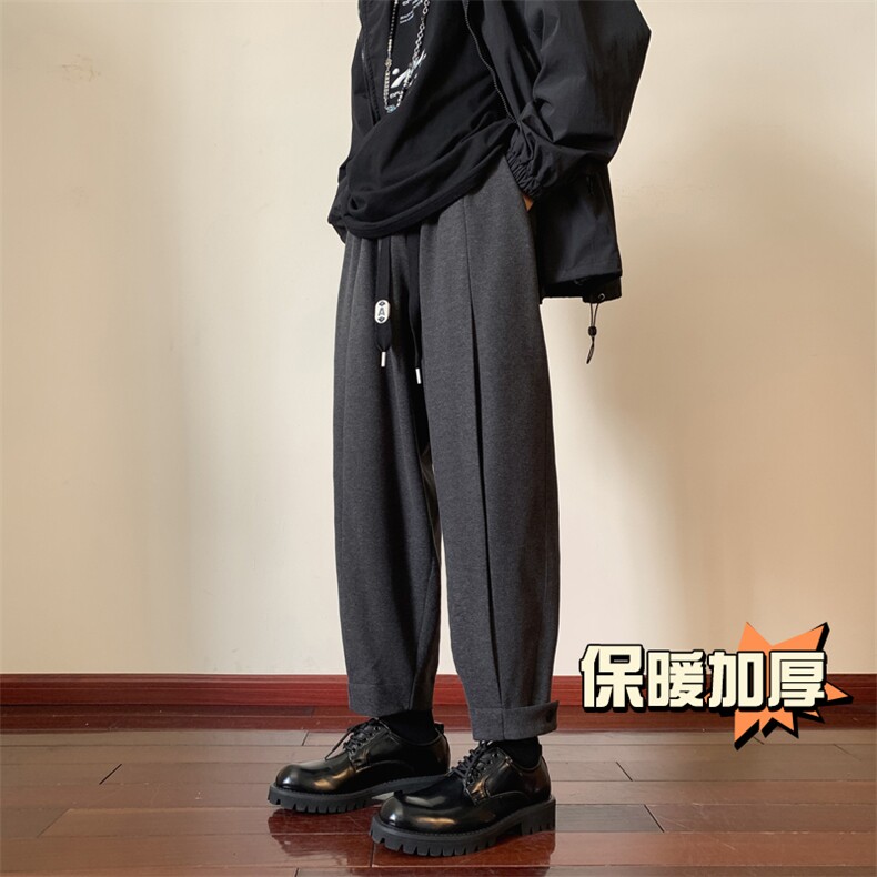 直播品质冬季新款加厚哈伦宽松大码呢料休闲纽扣小脚裤男3555-P70,男装休闲裤,电商C305A