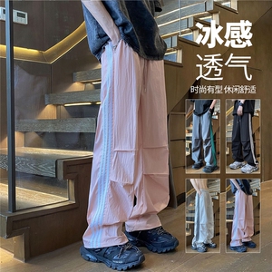 YK122 P35 品质保障！夏季垂感冰凉褶皱宽松侧边三条杠织带休闲裤图片