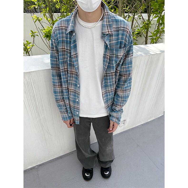 B221！美式ins高街暗黑小众毛边格子衬衫SY2320-P65控88,男装衬衫,电商B221