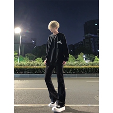 cleanfit裤子高街vibe纯黑色牛仔裤男款夏季修身直筒弹力微喇叭裤，男装休闲裤，星座310A-4