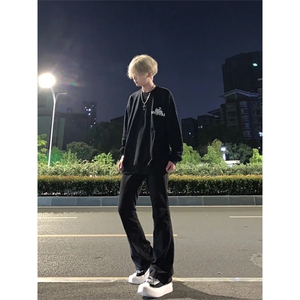 cleanfit裤子高街vibe纯黑色牛仔裤男款夏季修身直筒弹力微喇叭裤图片