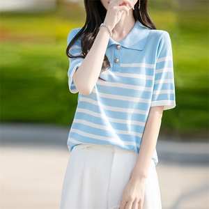 翻领条纹短袖t恤女夏季2025新款打底衫洋气女装冰丝针织上衣图片