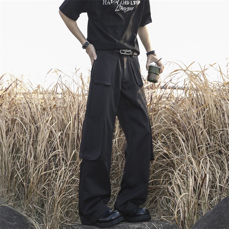 美式高街黑色多口袋弯刀工装裤男女西裤设计小众宽松直筒阔腿裤潮,男装西裤,星座601-1