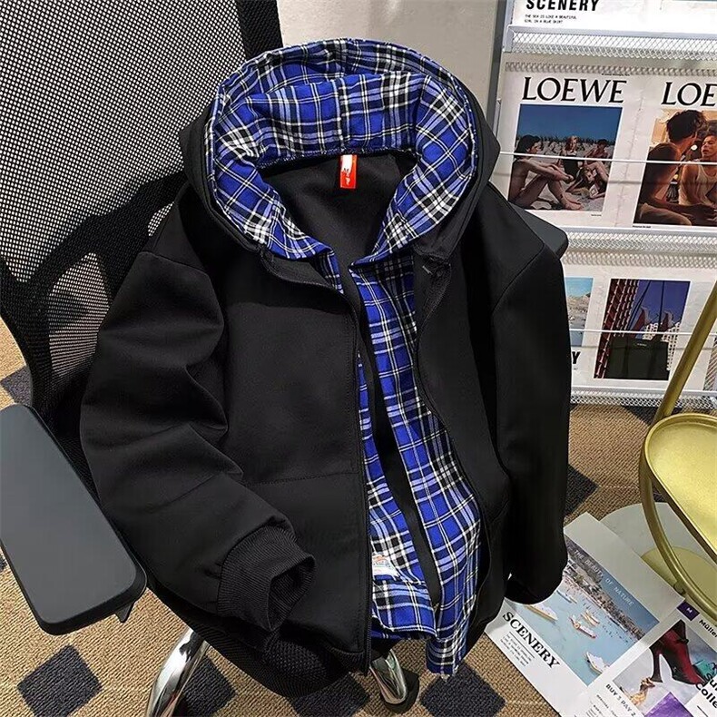 美式假两件连帽格子卫衣开衫男宽松秋cleanfit外套,男装卫衣,星座1013