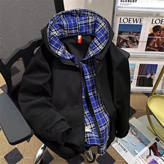 美式假两件连帽格子卫衣开衫男宽松秋cleanfit外套，男装卫衣，星座1013