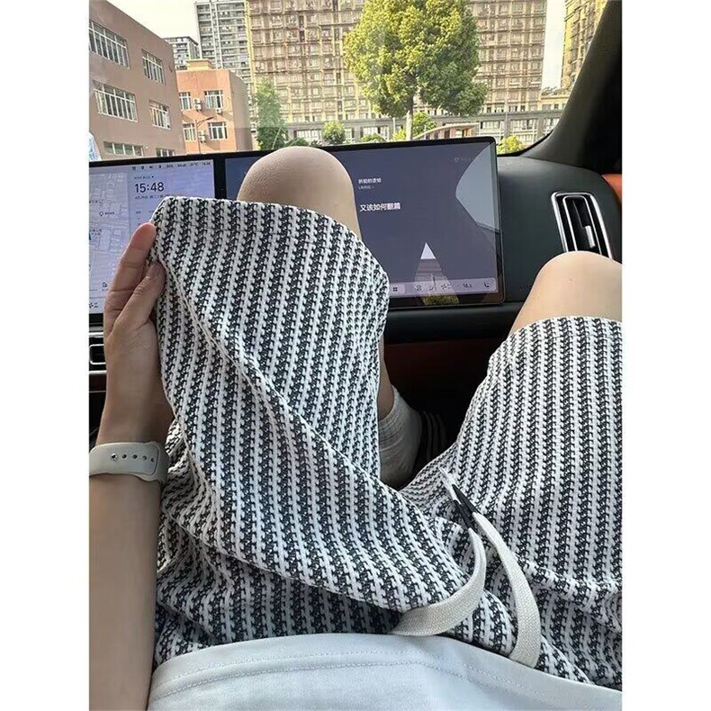 网络图 小香风条纹针织短裤男款夏季休闲中裤宽松直筒五分裤图片