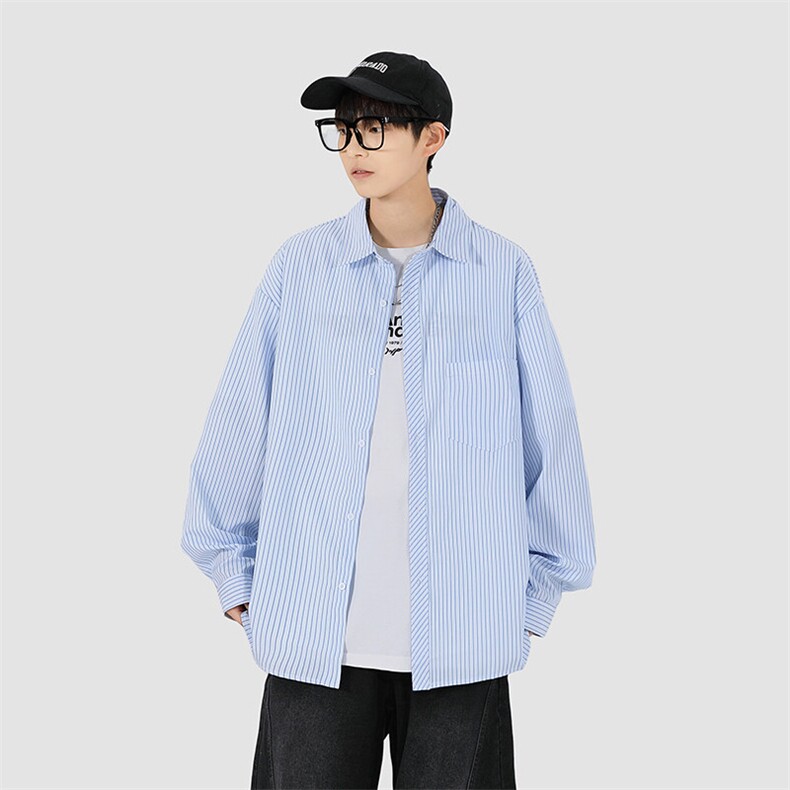 有原图YK86047-P35 20%人棉 80%涤纶 蓝白色条纹长袖衬衫男春夏季图片