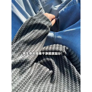 美式高街千鸟格子长袖T恤男女亨利V领英伦雅痞休闲宽松长袖打底衫图片