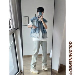 牛仔马甲男韩版潮流多口袋高街帅气2024春夏新款ins外套W4878-P49图片