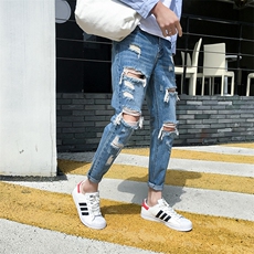 港风秋款男牛仔裤破洞潮男情侣女裤九分小脚牛仔裤n，男装牛仔裤，星座1013-1