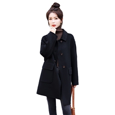时尚显瘦黑色毛呢大衣女中长款双排扣宽松外套冬季新款女装，女装毛呢外套，秋水欣儿
