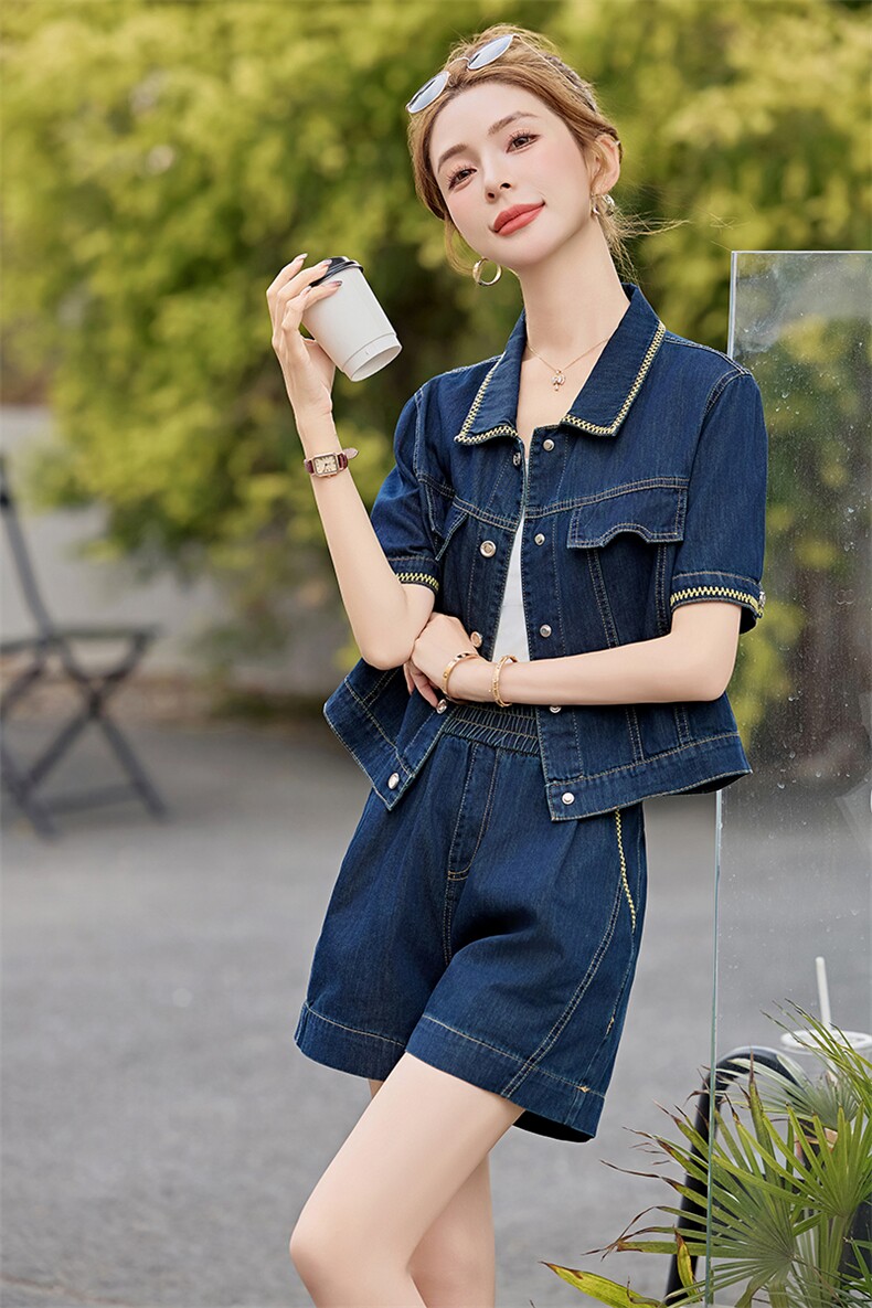欧货牛仔套装2025夏季新款时尚宽松好穿短袖上衣短裤两件套潮款女,女装套装/套裙,意芙