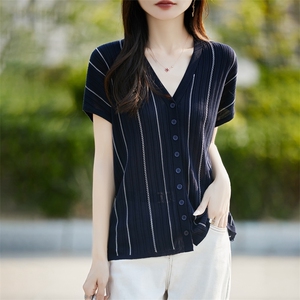 外搭V领莱赛尔天丝短袖开衫T恤女宽松撞色条纹针织休闲半袖上衣潮图片