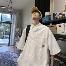 港风短袖衬衫男夏季华夫格衬衣潮流高街宽松五分袖外套CS825-P33，男装衬衫，星座1008