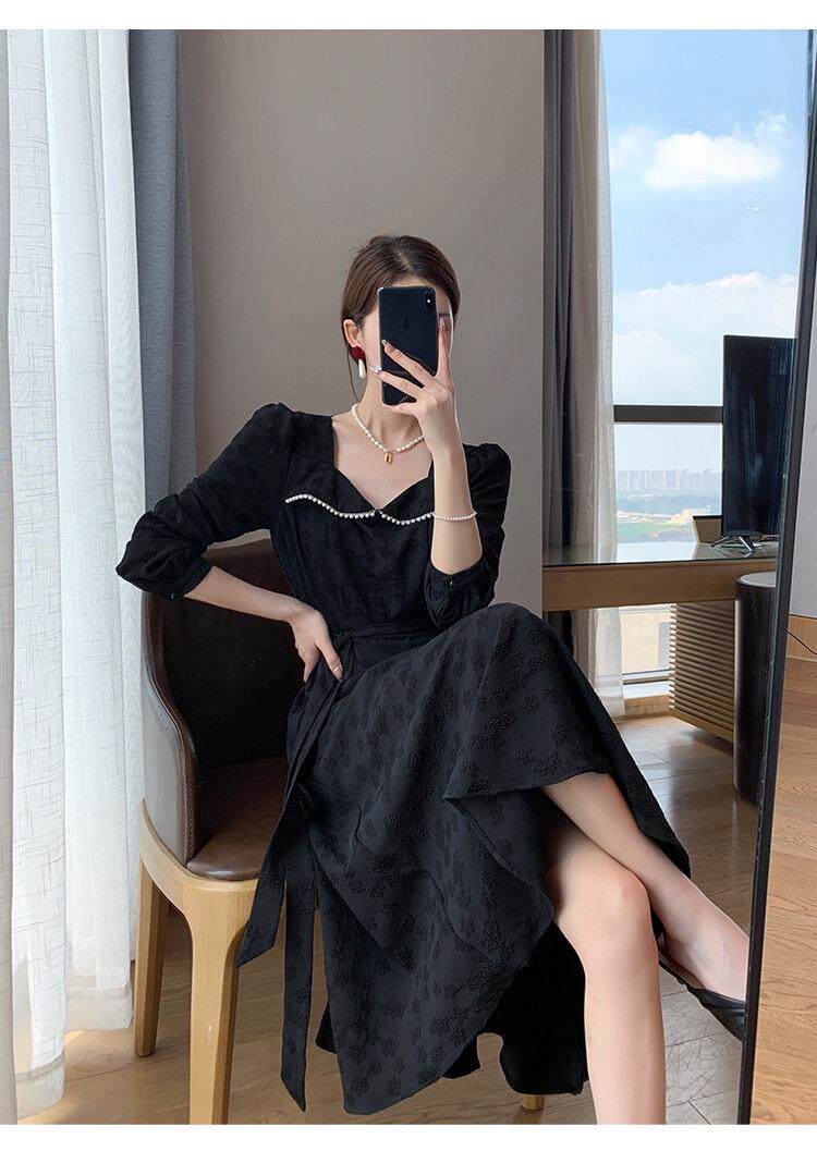 秋季新款韩版时尚修身淑女气质高雅珍珠领连衣裙，女装连衣裙，荷塘月色