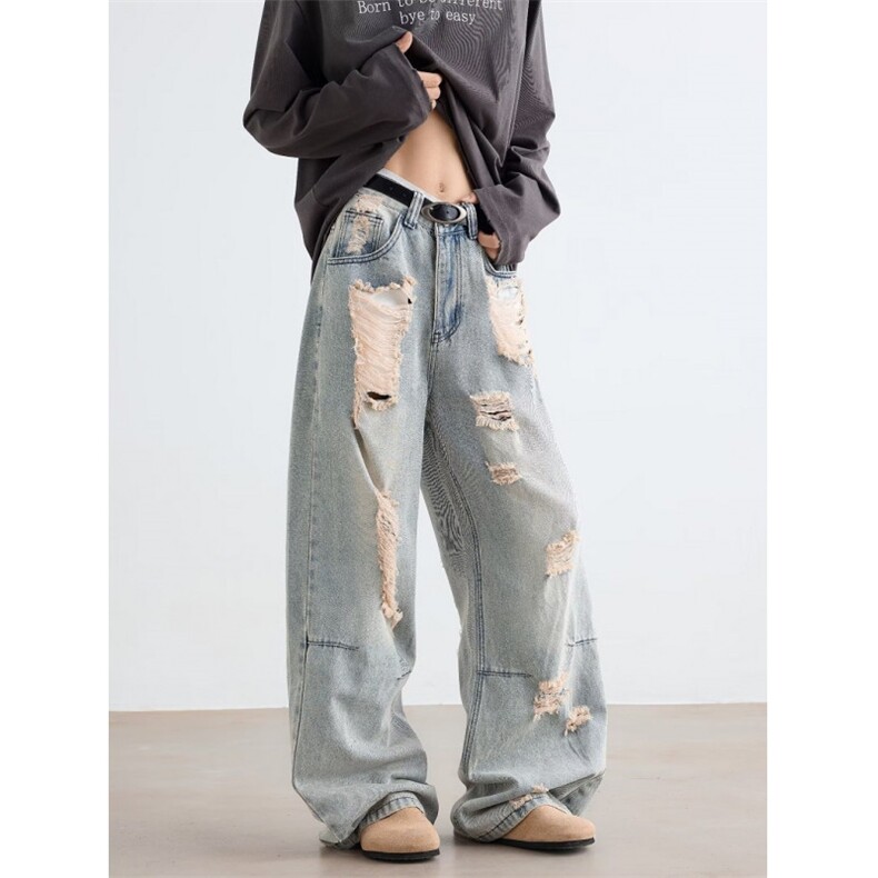 WE1655-P53潮流设计感复古蓝色破洞牛仔裤女夏季宽松直筒，男装牛仔裤，电商B323A