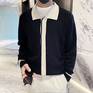 简约轻熟风翻领毛衣休闲开衫男痞帅青年拼色针织衫外套男 S597图片