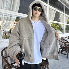 韩版重磅加绒连帽仿水貂毛棉服老钱座山雕牛仔棉衣外套，男装棉衣，电商C307
