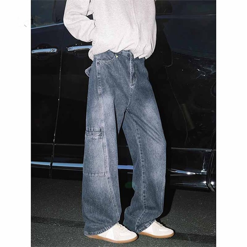 美式水洗工装牛仔裤男女秋季潮牌设计感痞帅直筒阔腿裤LD7877-p48，男装牛仔裤，星座1008