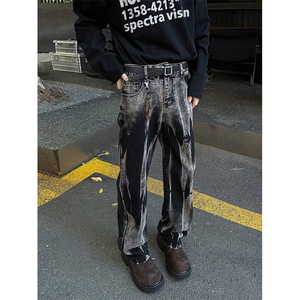 2025新款黑色扎染痞帅炸街微喇直筒弯刀裤街头男现货 K8297-P43图片