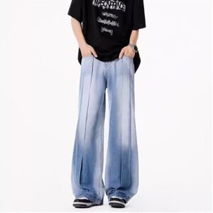 夏季2025新款设计感小众复古水洗牛仔裤男女美式休闲宽松阔腿长裤图片