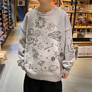 1港风新款宽松休闲中性情侣圆领潮流印花毛衣男外套7804P55加绒70图片