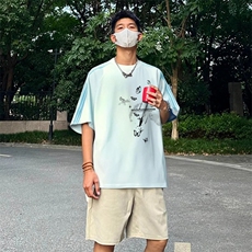 抖音得物品质二开240克宽松纯棉美式潮牌印花三条杠中性风短袖T恤，男装T恤，电商A486