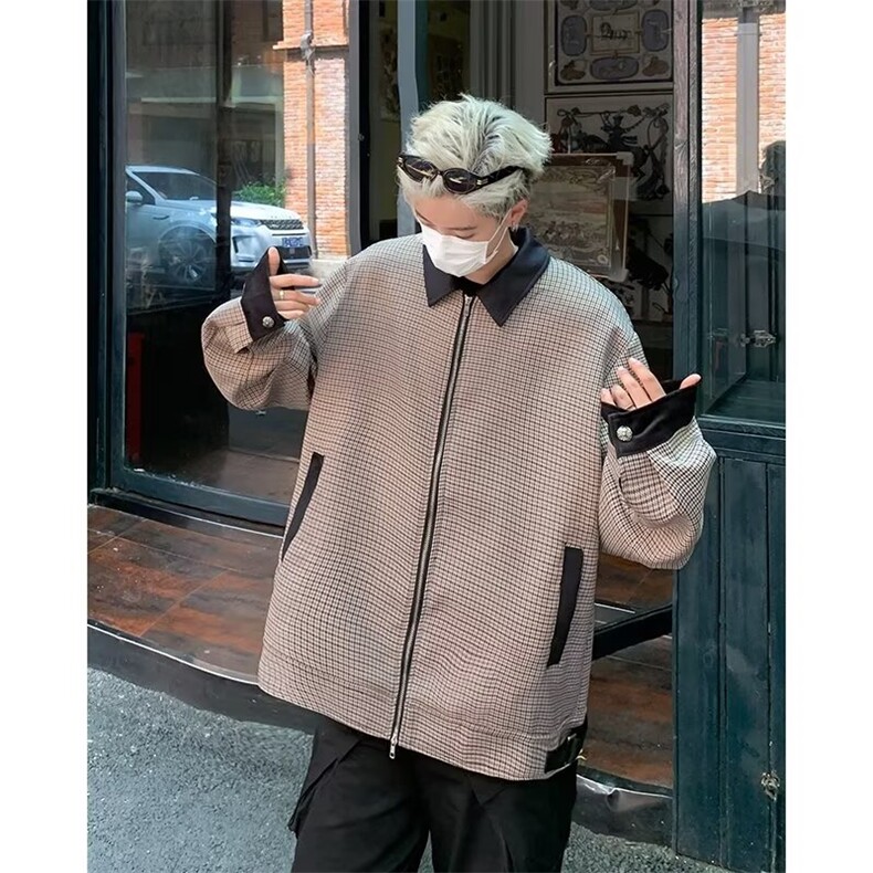 港风秋款男夹克衫千鸟格拼色宽松拉链外套JK861P72,男装夹克,星座1013-1