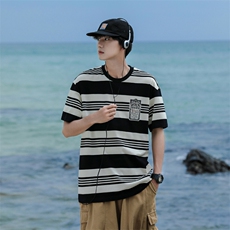 C374-P302024夏季新款条纹短袖t恤男美式潮牌宽松休闲上衣现货，男装T恤，星座512-6