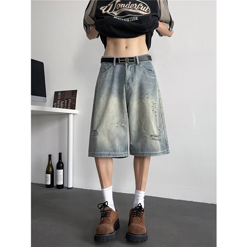 牛仔短裤男女韩版潮流破洞帅气百搭2025夏季ins七分裤RK2577-P41,男装牛仔裤,星座412-3