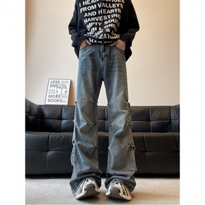 美式复古设计感褶皱牛仔裤男宽松微喇叭vibe显瘦高街痞帅嘻哈裤子图片