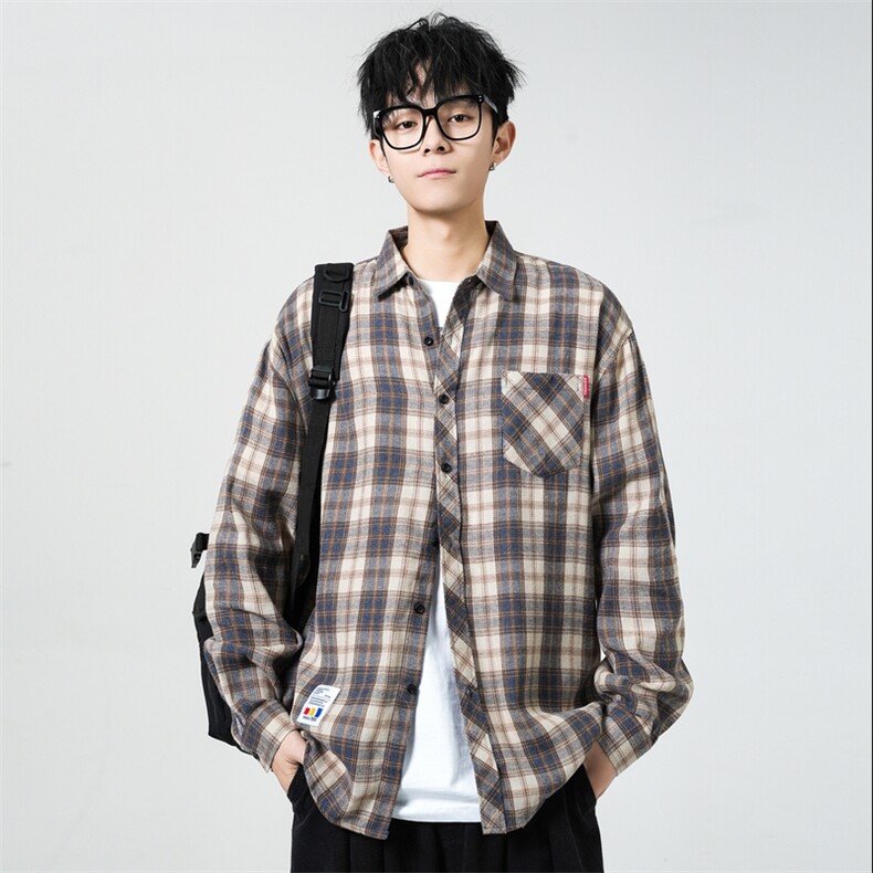25年春季格子长袖衬衫得物二开衬衣宽松现货DS-C323-1-2111-T批28,男装衬衫,电商C323-1