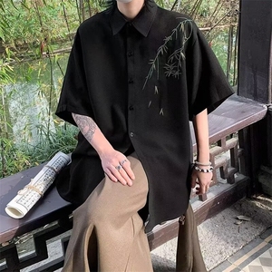 2025新新中式短袖衬衫男夏季冰丝速干港风潮流五分袖开衫上衣防图片