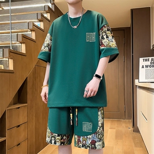 夏季刺绣T恤短裤两件套潮菠萝格休闲运动套装男A266-TZ8808-P50图片