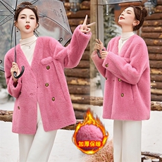 水貂外套2024年冬季时尚气质优雅显瘦V领中长款保暖皮毛一体外套，女装皮草，流量+