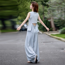 2025超火夏装一整套巨好看的时尚洋气休闲亚麻阔腿裤套装女两件套，女装套装/套裙，魅影