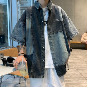 复古水洗廓形拼接牛仔衬衫男女半袖宽松休闲工装风短袖衬衣-S4712图片