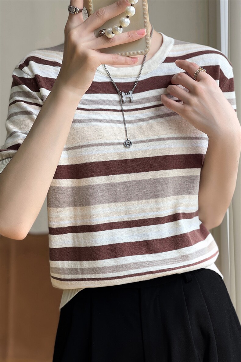 薄款100%纯棉针织短袖T恤女圆领条纹拼色宽松休闲棉麻内搭打底衫,女装T恤,琳尚羊绒