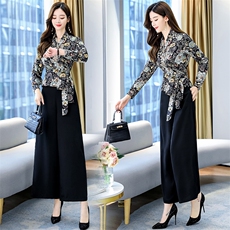 2021年秋季新款潮流印花气质阔腿裤套装两件套女，女装套装/套裙，天丝秀