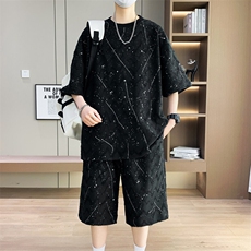 夏季港风套装男宽松满天星短袖T恤短裤休闲套装TZ6631-P55，男装休闲套装，星座310B-3