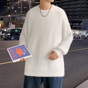 宽松慵懒风针织衫简约纯色圆领白色毛衣男韩版潮流图片
