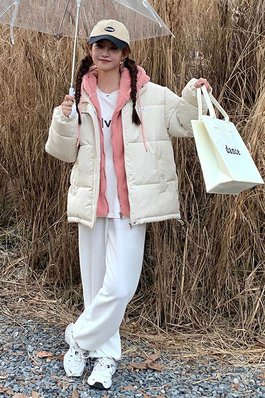 羊羔毛拼接假两件加厚连帽羽绒棉服女2023年新款日系情侣外套,女装棉衣/棉服,梦白服饰厂