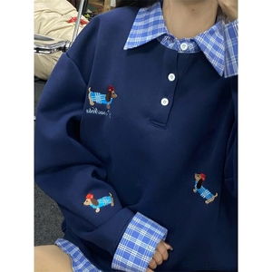 网图现货学院风小狗刺绣卫衣男女秋冬假两件衬衫拼接polo翻领上衣图片