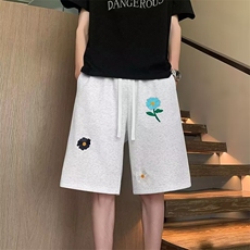 灰色美式复古小花刺绣短裤男款夏季潮牌宽松慵懒风裤子情侣五分裤，男装牛仔裤，星座506A