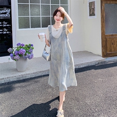 短袖夏季翻领中长裙宽松腰连衣裙法式宽松牛仔辣妈，女装套装/套裙，2C113