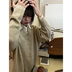美式复古假两件v领毛衣男女款秋冬季慵懒高级感针织衫老钱风外套，男装针织衫/毛衣，星座410-7