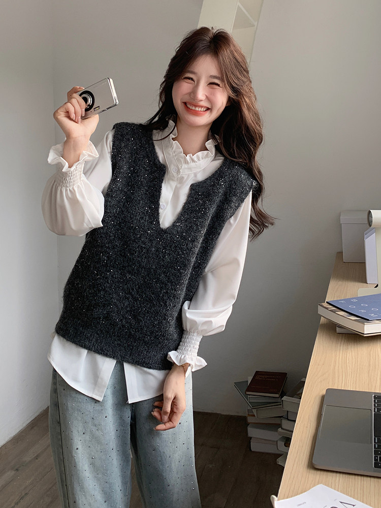 见详情宽松型长袖常规衬衫秋冬女装外穿气质韩版时尚春秋显瘦洋气,女装马甲,维壹